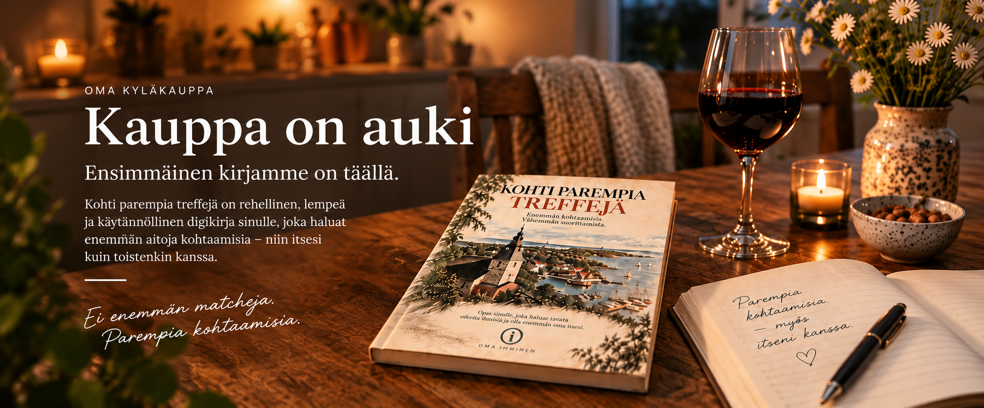 Oma Kyläkauppa. Kauppa on auki. Kohti parempia treffejä -digikirja keittiönpöydällä.